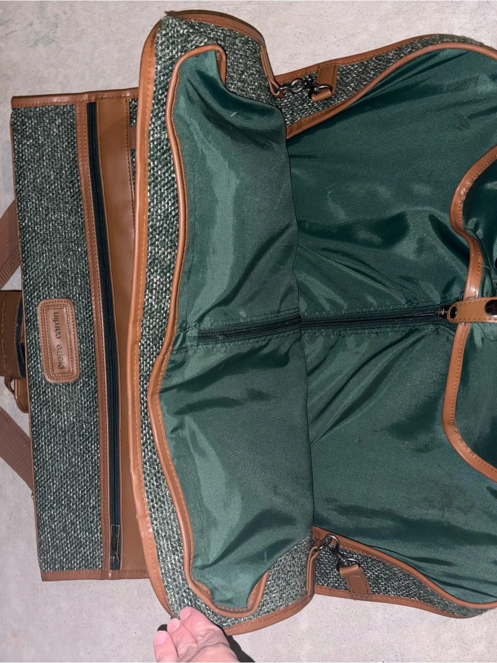 Pierre Cardin Green Tweed Duffel with Brown Leather Trim